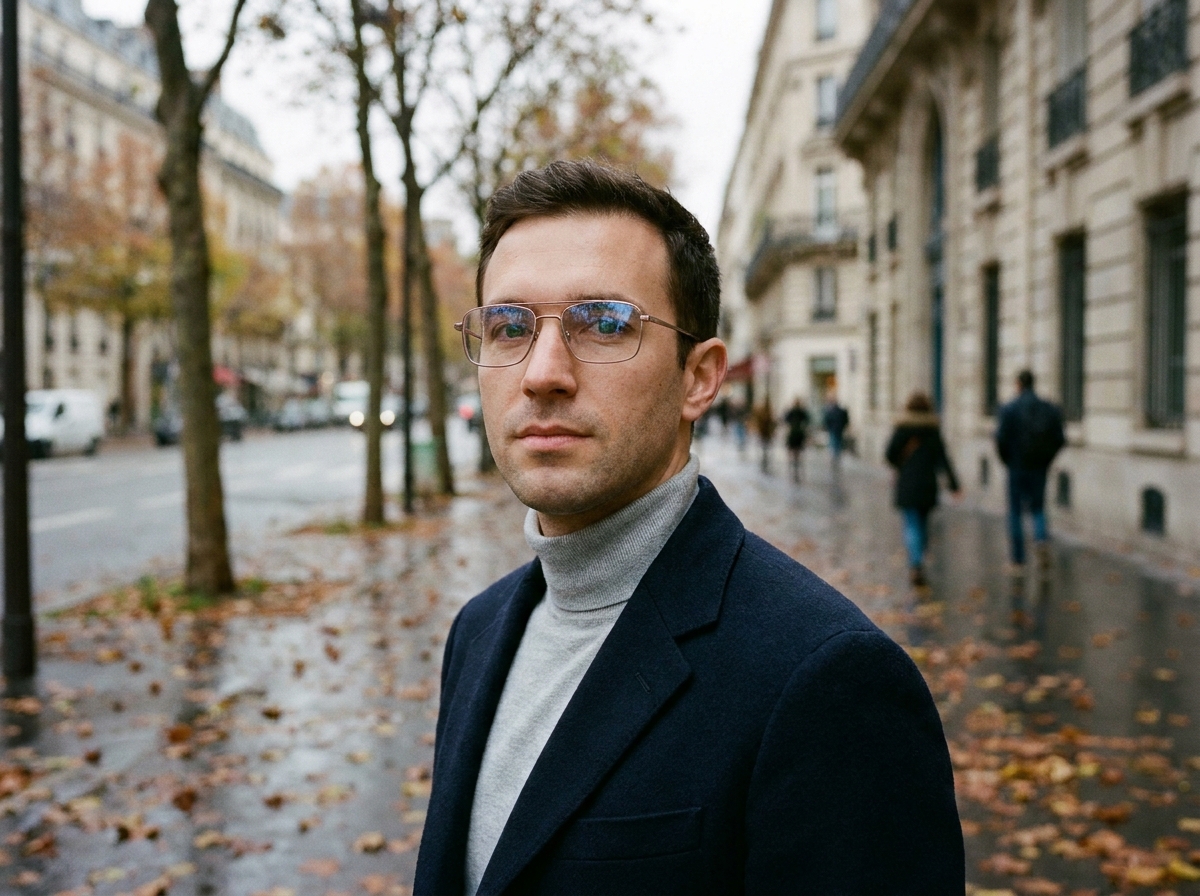 Homme portant des lunettes rectangulaires en métal doré rose sur un trottoir parisien aux feuilles d'automne