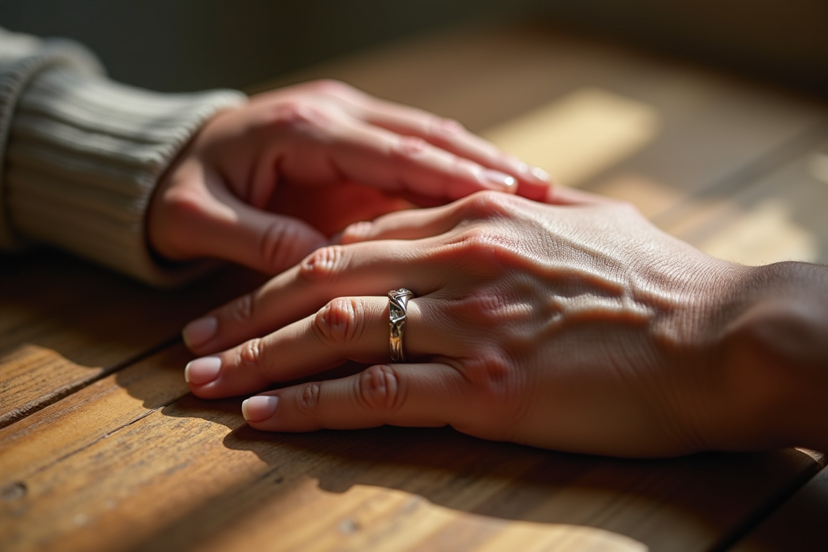 Mains entrelacees avec bagues de mariage sur bois
