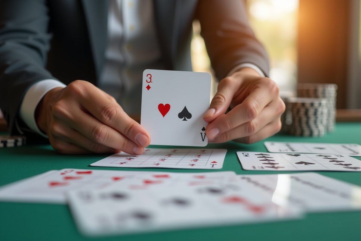 Deux mains tenant une main de cartes parfaites sur une table lumineuse