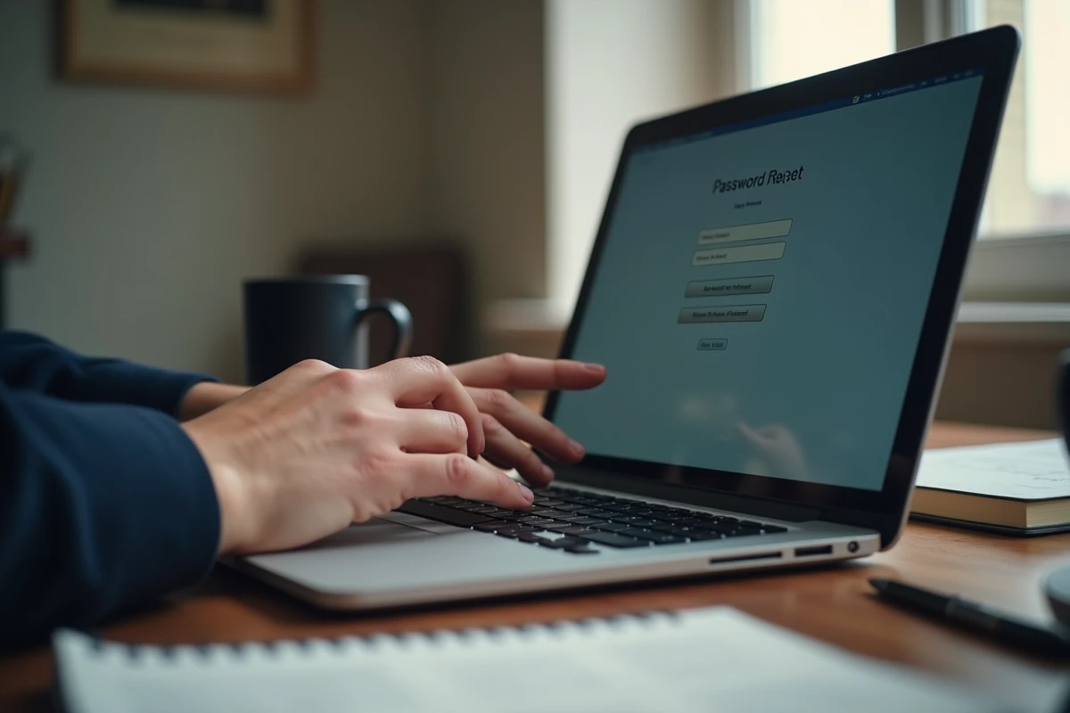 Gros plan sur les mains d'un avocat saisissant un formulaire de réinitialisation de mot de passe sur un ordinateur portable dans un bureau à domicile