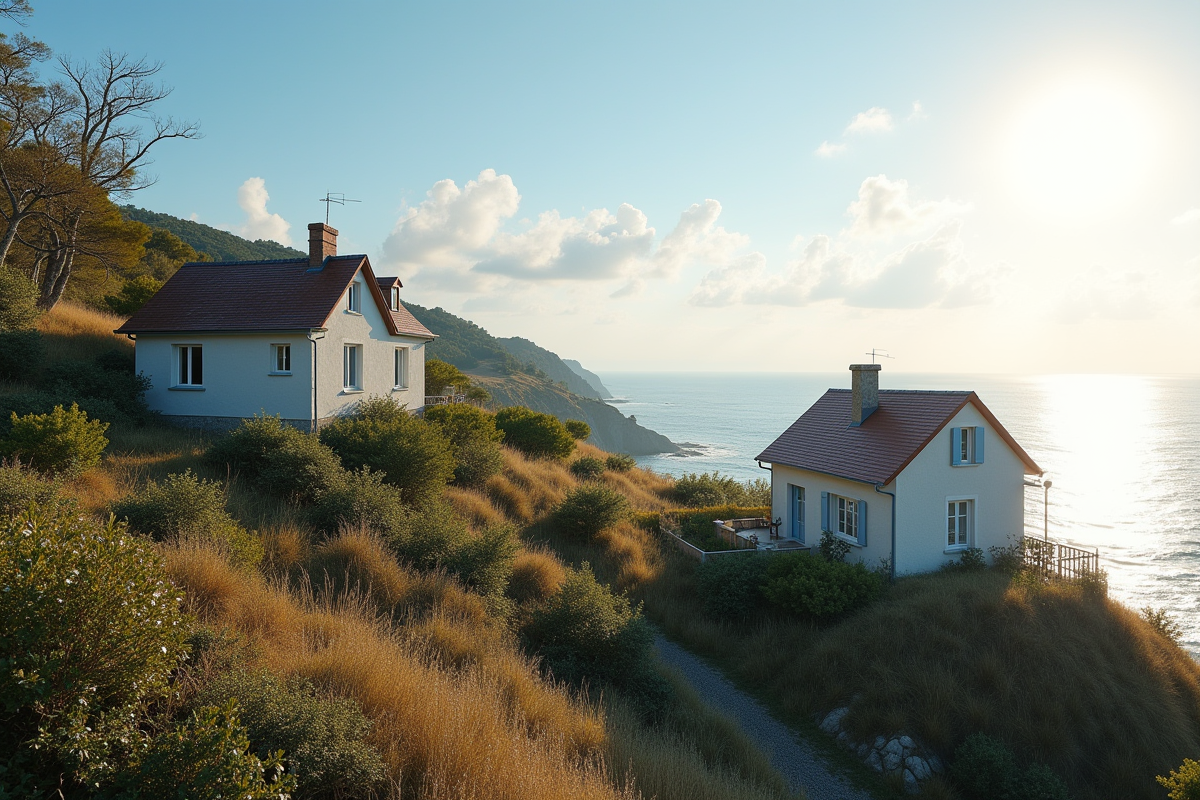 Deux maisons contrastées sur une colline côtière ensoleillée