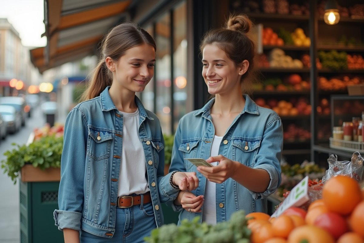 Mère et adolescent payant à la caisse du supermarché