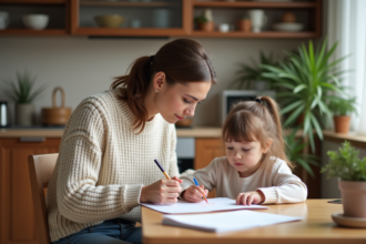 Femme et fille dessinant dans un intérieur chaleureux