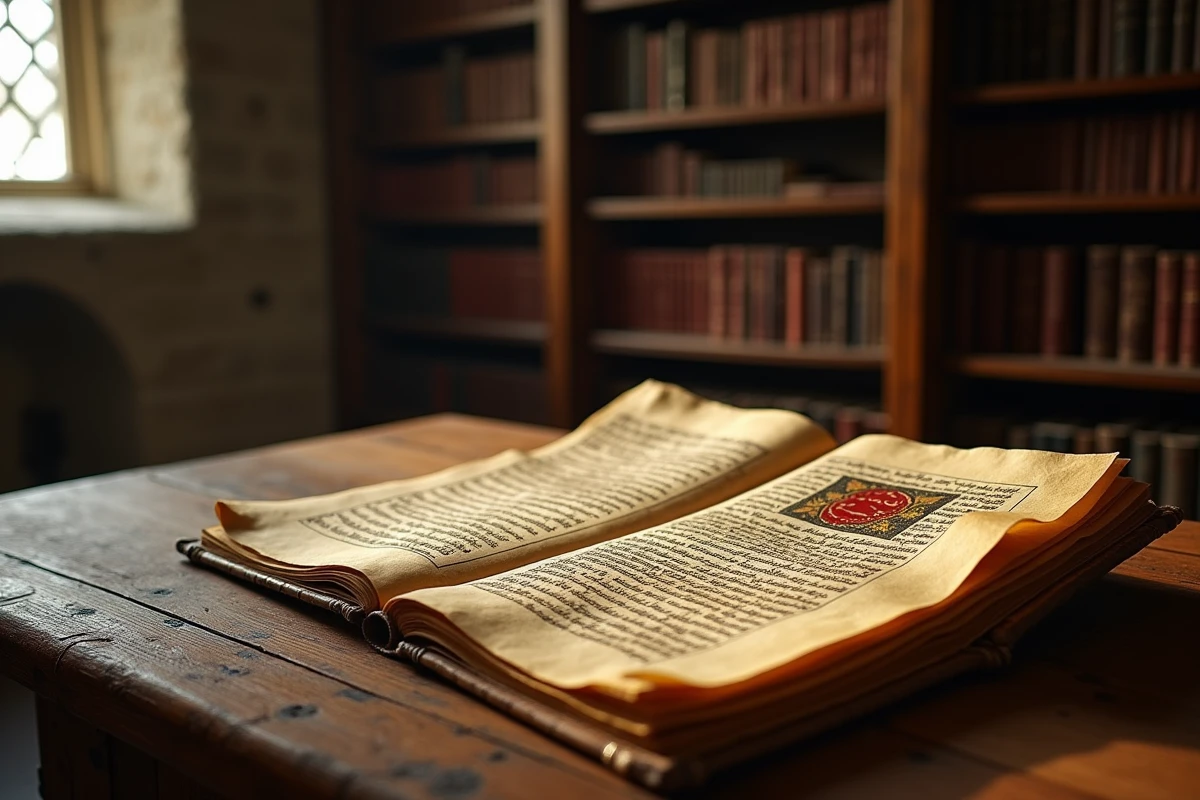 Manuscrit médiéval enluminé sur parchemin posé sur un lutrin de scriptorium monastique avec calligraphie gothique