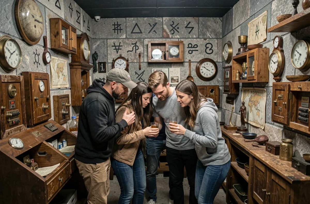 Groupe de joueurs concentrés dans une salle d'escape game immersive à Nantes avec puzzles et décors mystérieux