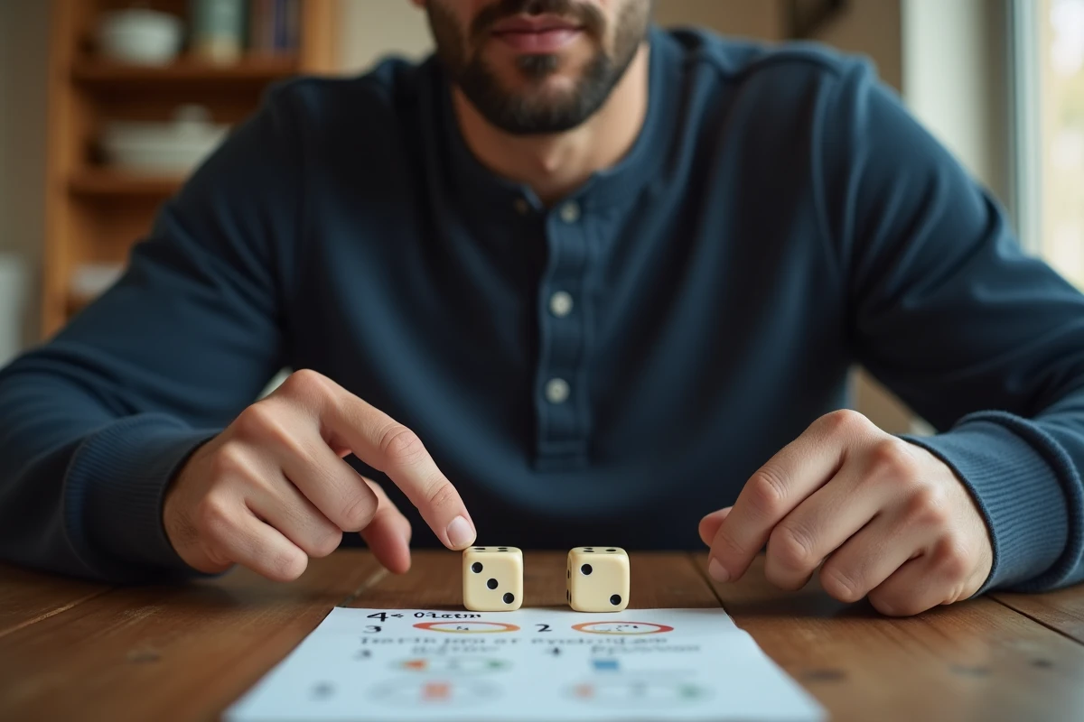 Homme mémorisant la règle du jeu 421 avec des dés et un aide-mémoire visuel fait main sur une table en bois