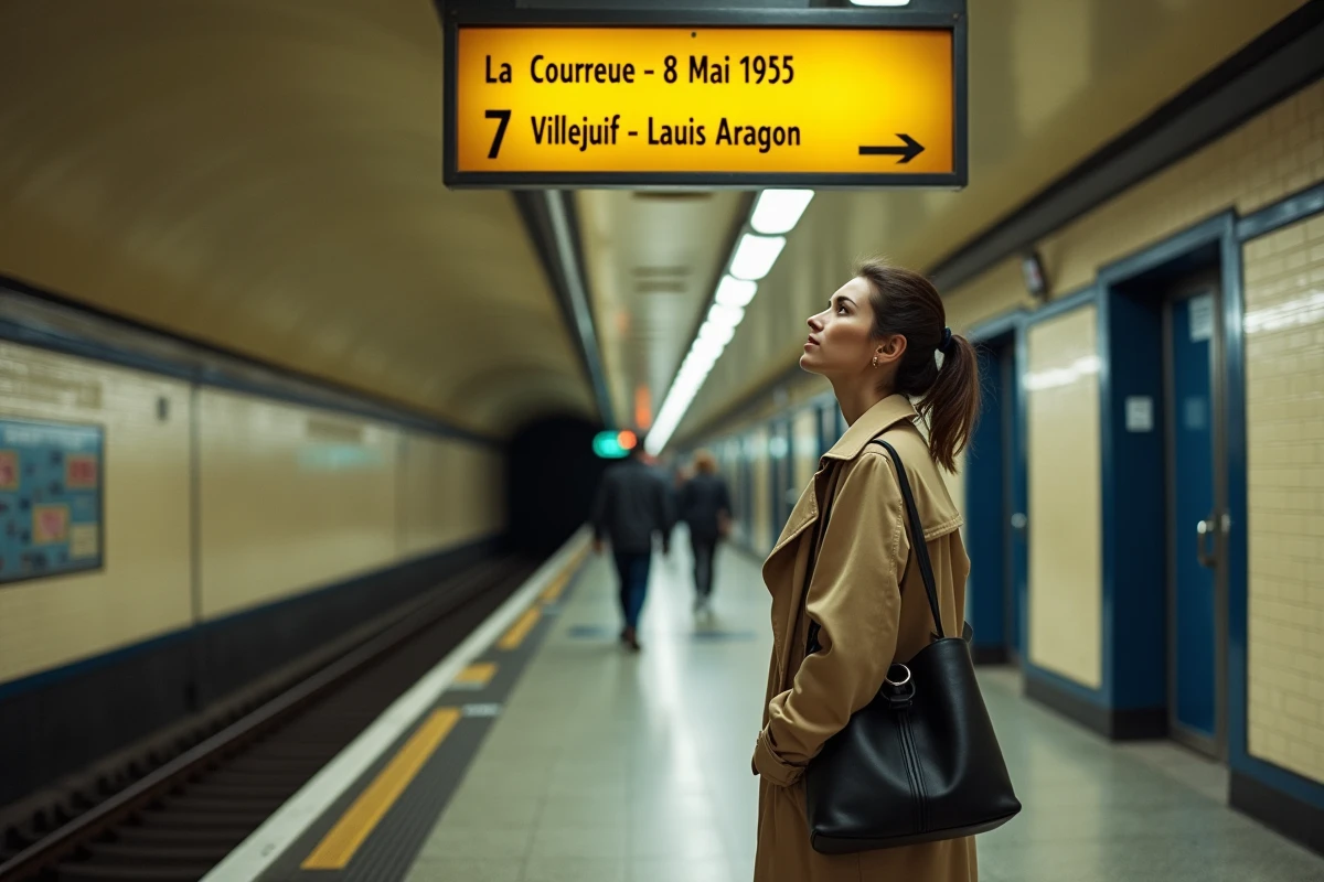 Voyageuse hésitant devant un panneau de destination du métro ligne 7 entre La Courneuve et Villejuif dans une station parisienne