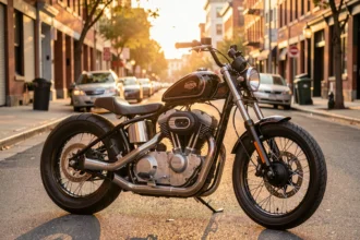 Moto custom 125 bicylindre garée en ville au soleil couchant