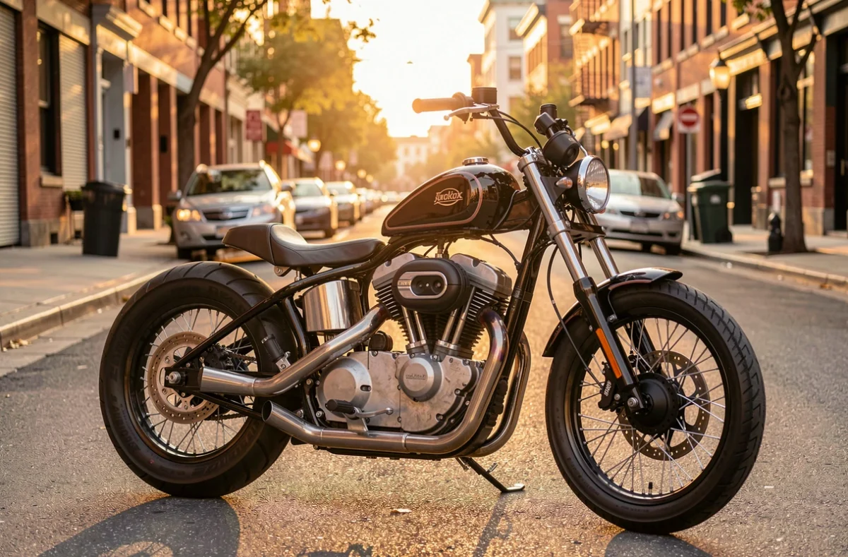 Moto custom 125 bicylindre garée en ville au soleil couchant