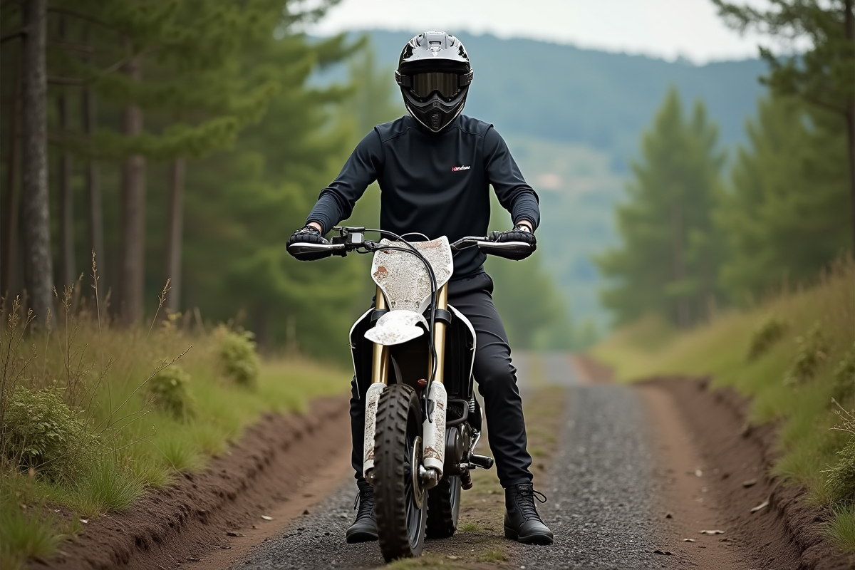 Jeune pilote motocross avec moto 125cc en forêt