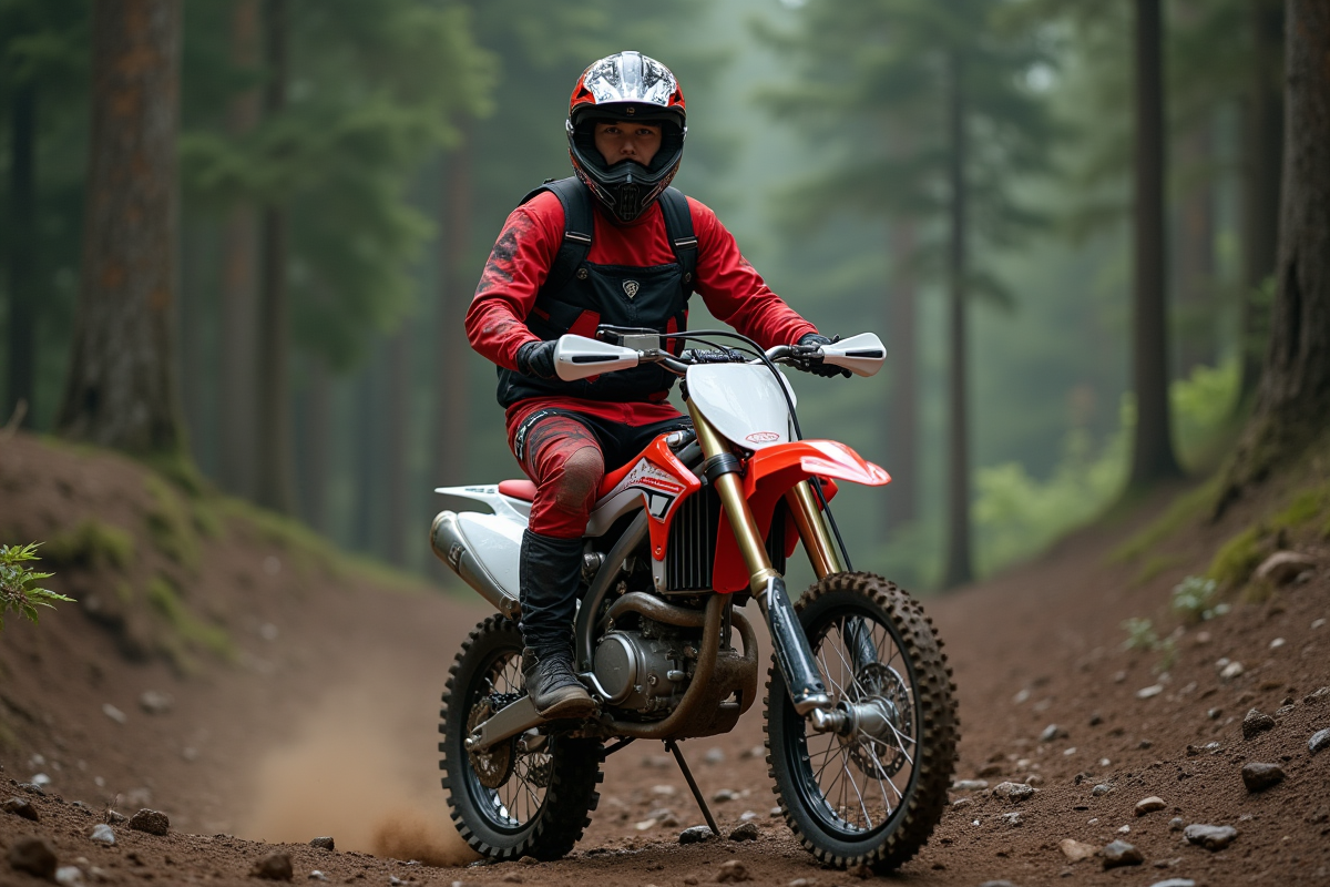 Jeune homme en motocross sur une piste forestière