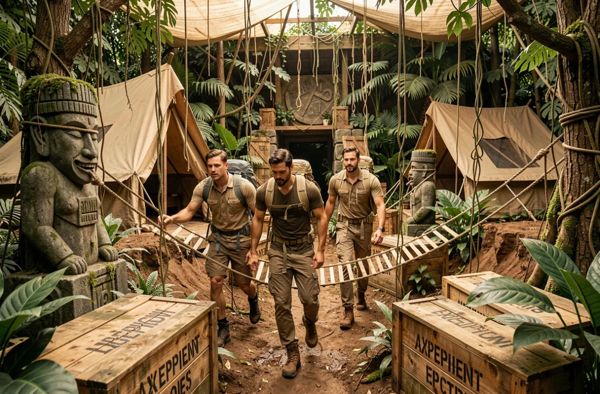 Groupe d'aventuriers traversant un décor de jungle tropicale dans Nantes Aventures escape game