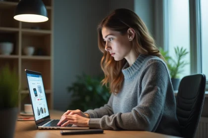 Femme naviguant prudemment sur un site e-commerce depuis son bureau à domicile, illustrant la vigilance en ligne