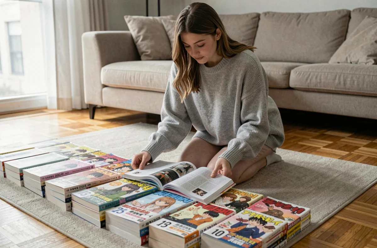 Jeune femme comparant des volumes de manga Black Clover disposés en ordre numéroté sur le sol d'un appartement moderne