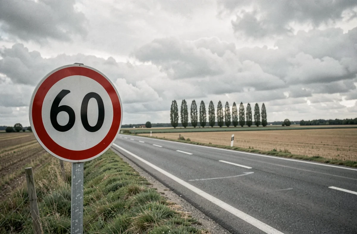 Panneau de limitation de vitesse à 60 km/h au bord d'une route rurale française, équivalent de 37 mph converti en kilomètres par heure