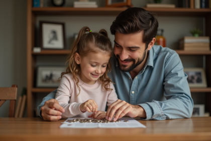 Père et fille comptant des pièces à la maison
