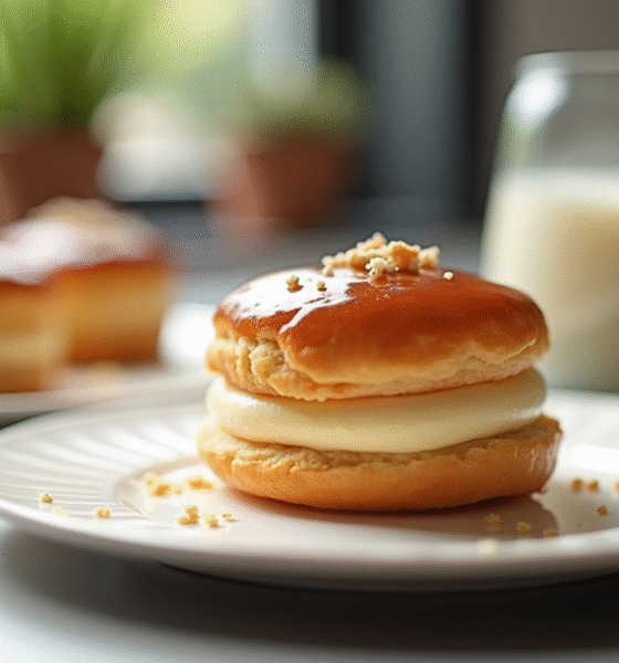 Gâteau ParisBrest praliné sur une assiette blanche