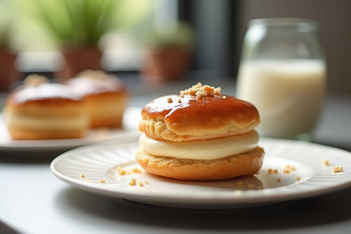 Gâteau ParisBrest praliné sur une assiette blanche