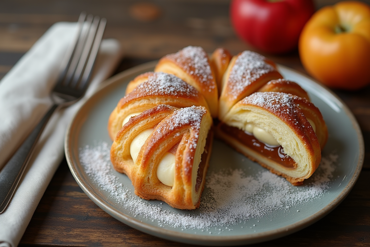 Partie tranchée de ParisBrest praliné sur une table en bois