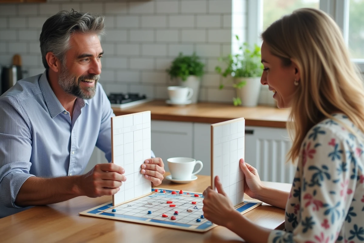 Deux adultes jouant à la bataille navale face à face dans une cuisine moderne, cachant leurs grilles avec des expressions de compétition amicale
