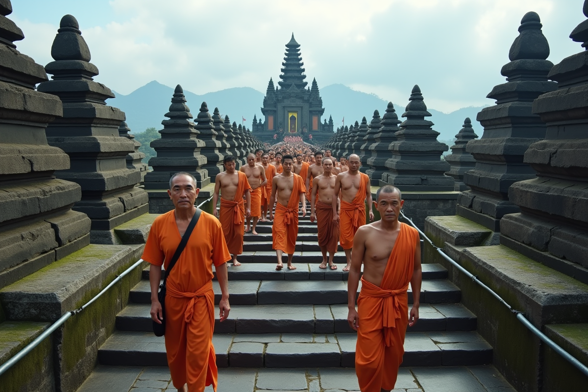 Groupe de pèlerins montant les escaliers de Besakih