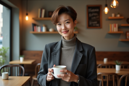 Personne nonbinaire dans un café parisien chaleureux