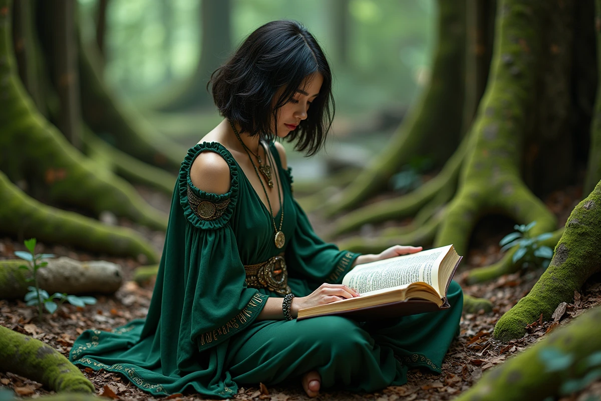Jeune femme en costume fantastique vert lisant un livre de personnages de gobelin dans une forêt mystérieuse