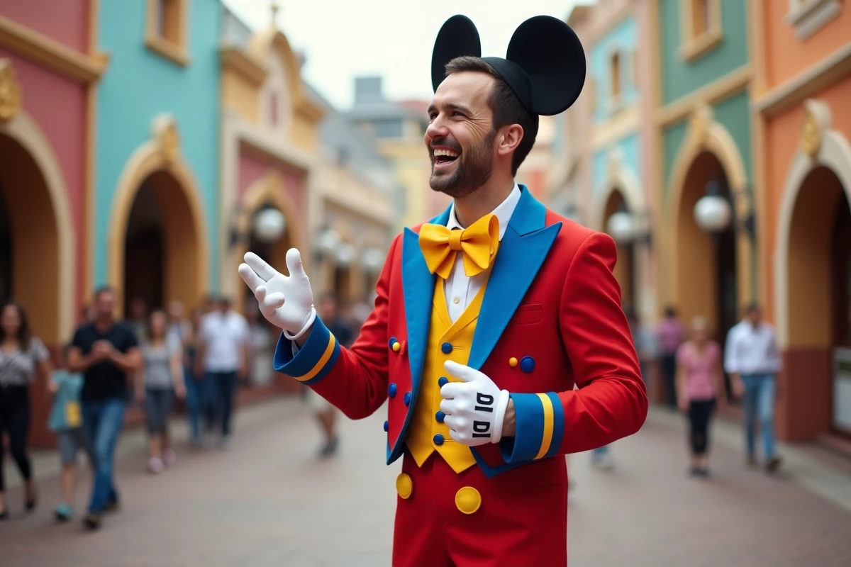 Homme déguisé en personnage Disney drôle dans un parc d'attractions, posant avec une expression comique et un costume coloré détaillé