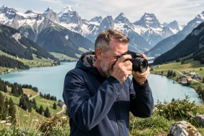 Photographe professionnel en Haute-Savoie cadrant un paysage alpin avec lac et montagnes enneigées