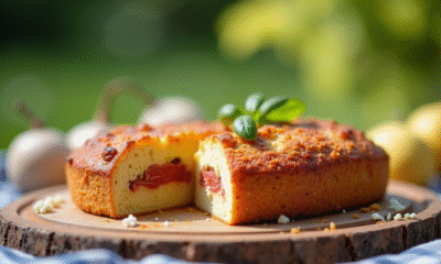 Scène de pique-nique rustique avec gâteau au chorizo et chèvre