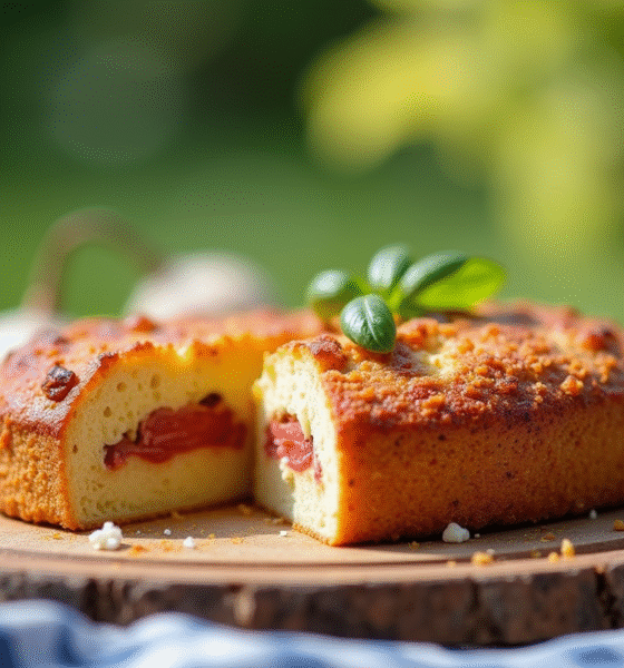Scène de pique-nique rustique avec gâteau au chorizo et chèvre