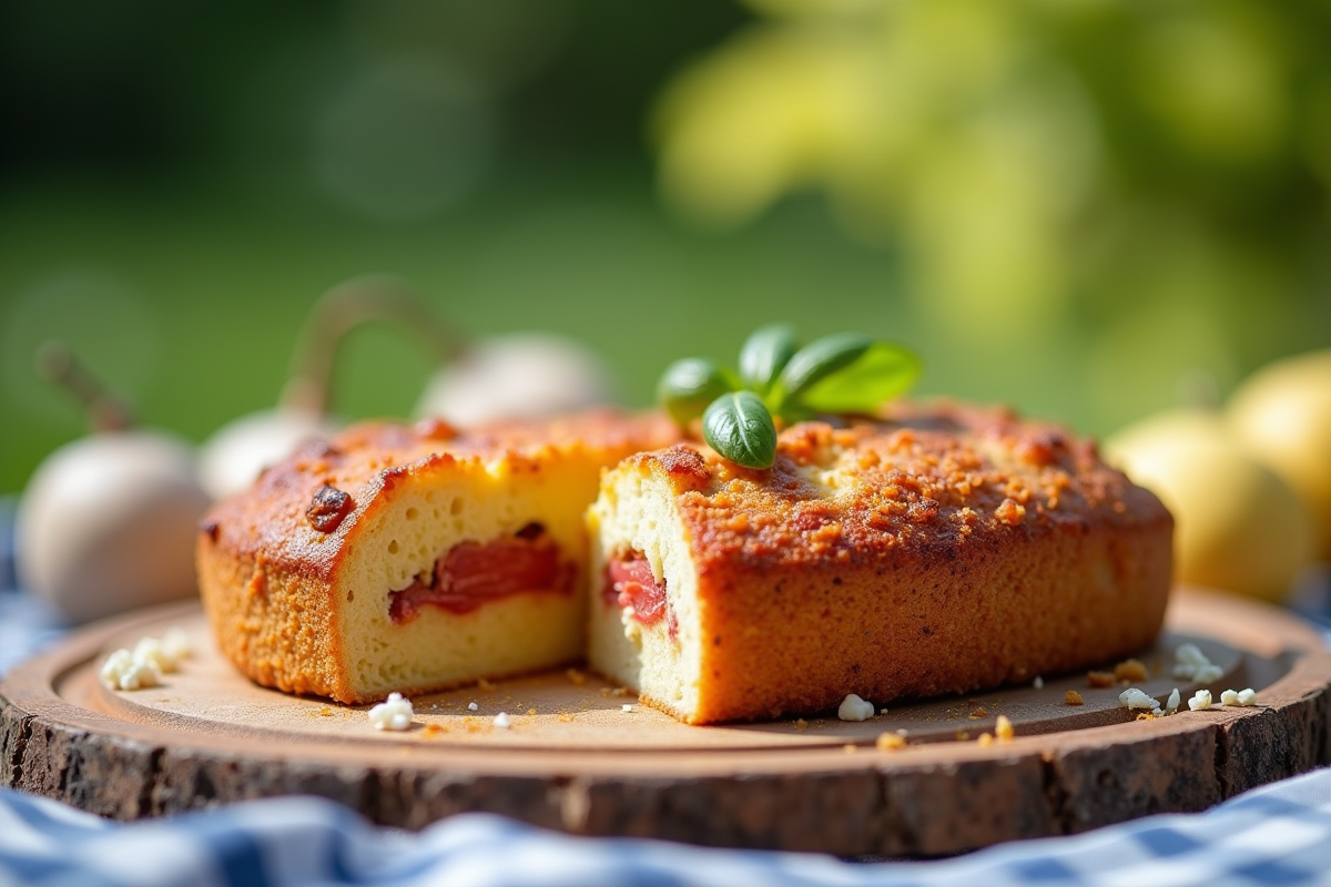 Scène de pique-nique rustique avec gâteau au chorizo et chèvre