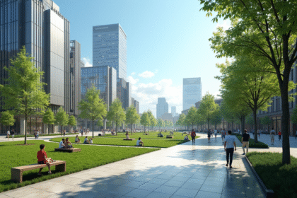 Place urbaine moderne avec espaces verts et piétons
