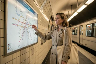 Femme consultant le plan de la ligne 10 du métro parisien sur le quai