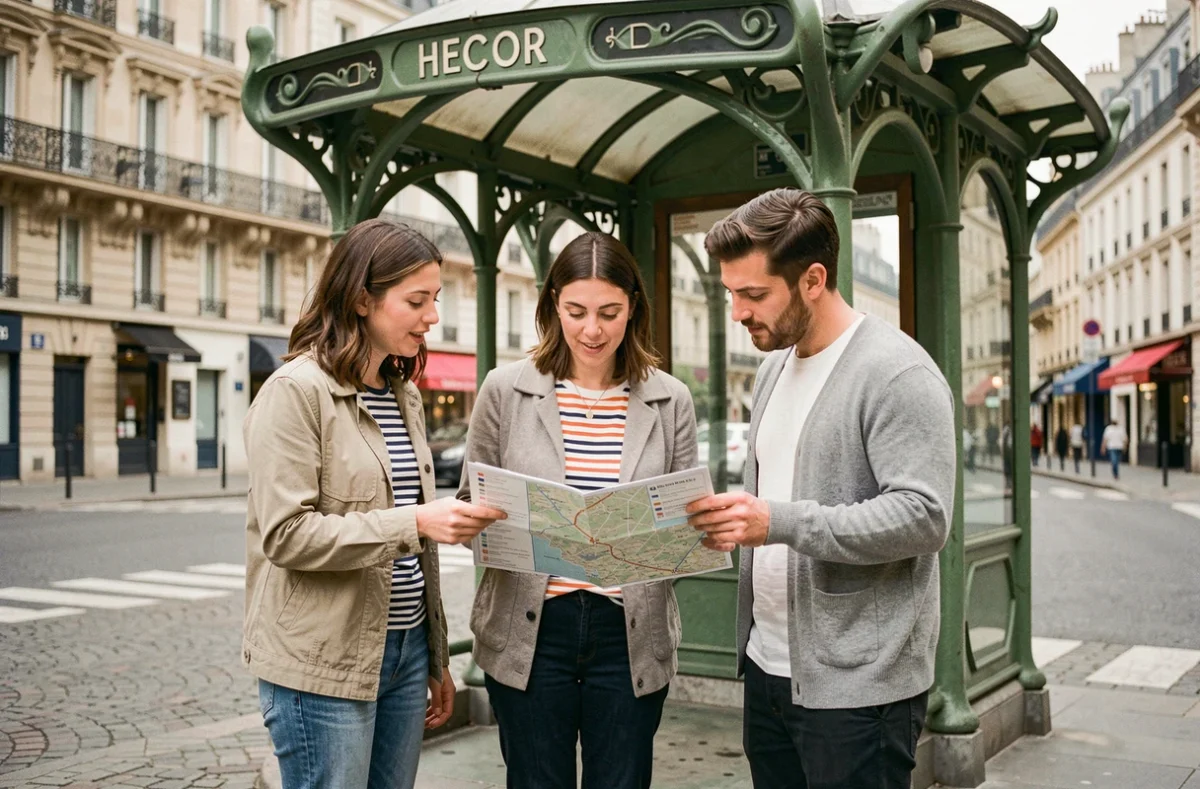 Groupe de personnes consultant un plan de métro ligne 10 devant une entrée parisienne