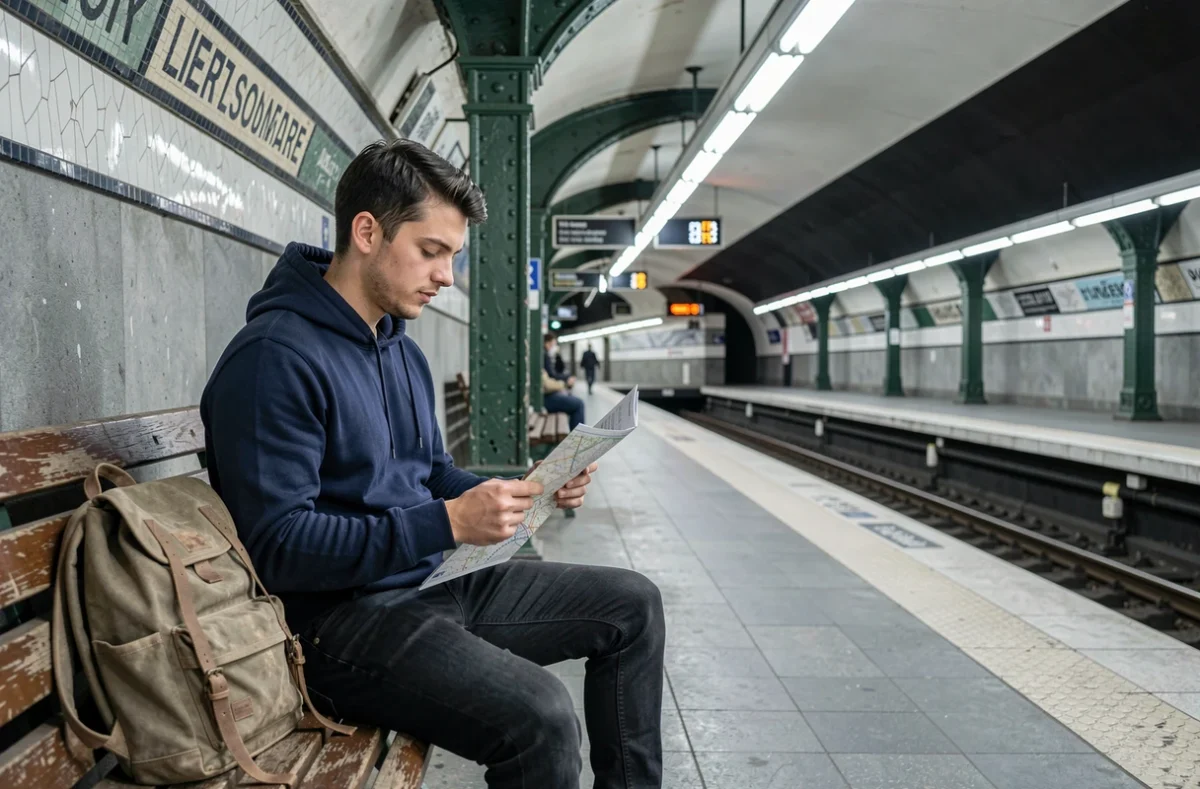 Jeune homme assis sur un banc de station de métro avec un plan de la ligne 10