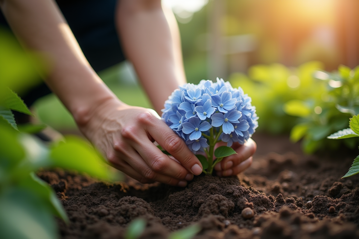 Mains de jardinier plantant une hydrangea dans un sol humide