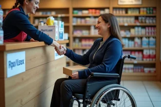 Femme en fauteuil roulant déposant un colis dans un point Mondial Relay accessible PMR en magasin de proximité