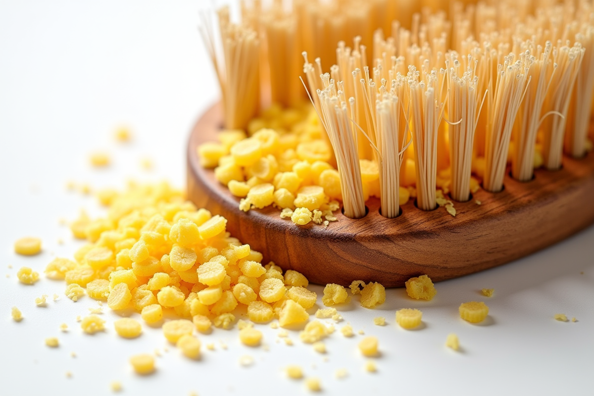Pousses de levure dorée avec brosse à cheveux sur surface blanche