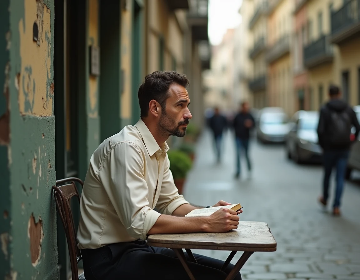 Homme seul à une table de café défraîchie, un roman ouvert devant lui, illustrant la perception du quotidien et l'errance contemplative du Procès-verbal de Le Clézio