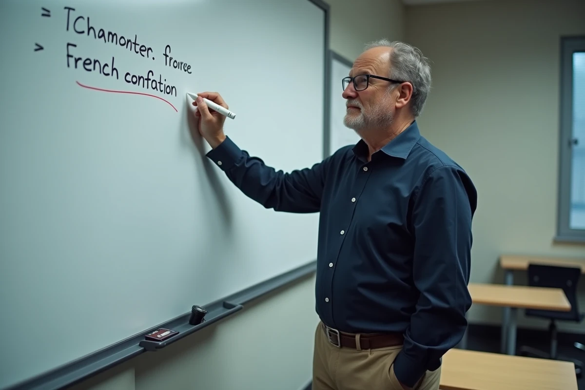 Professeur de français expliquant une faute de conjugaison courante devant un tableau blanc en salle de classe