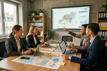 Professionnels de l'aménagement du territoire collaborant autour d'une table avec des cartes et des outils numériques dans un espace de coworking moderne
