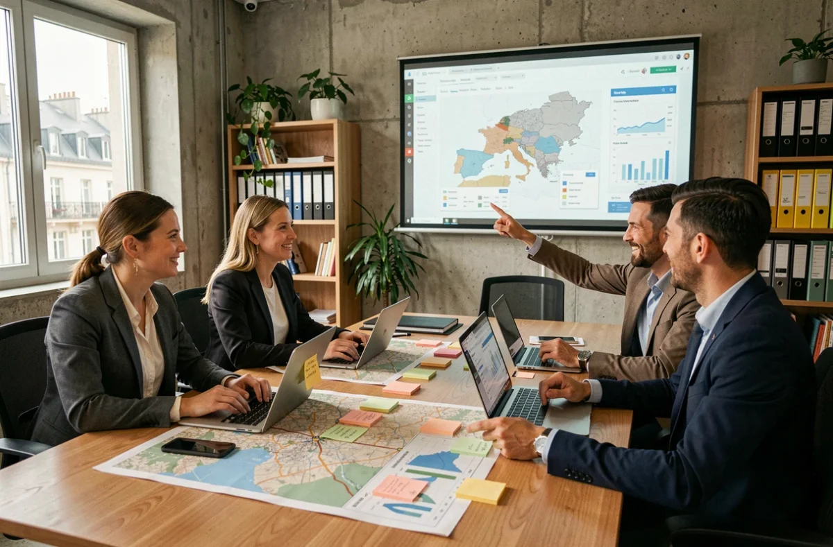 Professionnels de l'aménagement du territoire collaborant autour d'une table avec des cartes et des outils numériques dans un espace de coworking moderne