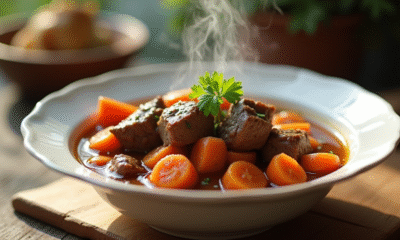 Ragoût de bœuf et carottes dans un bol rustique