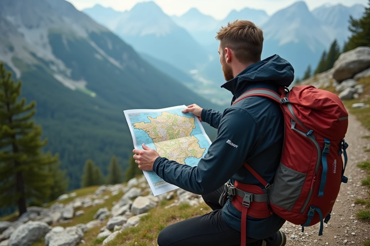 Homme en randonnée avec carte dans les montagnes françaises