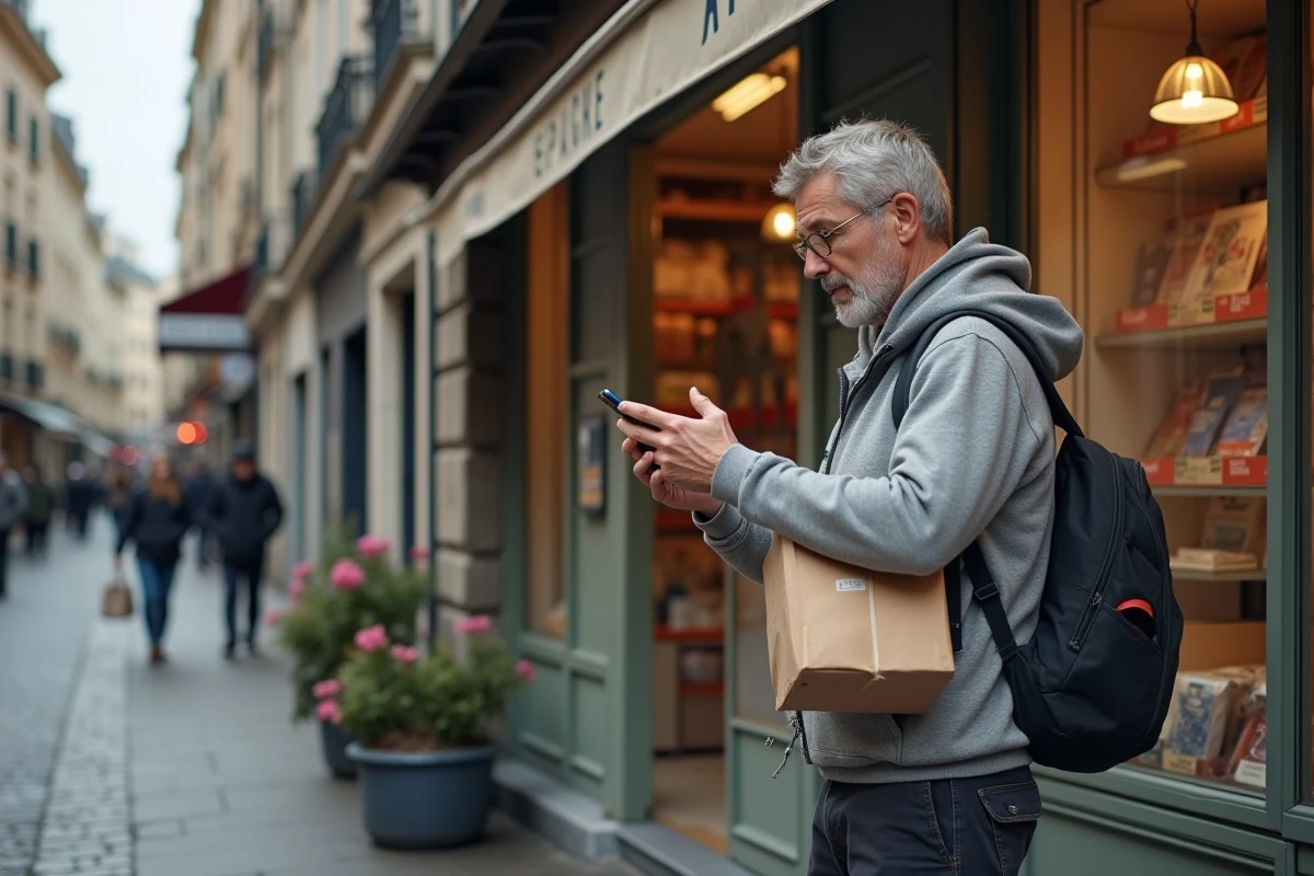 Homme cherchant un point de dépôt Chronopost proche sur son téléphone en rue