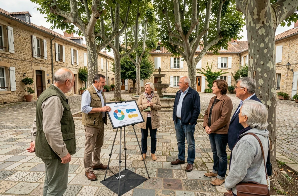 Réunion communautaire en plein air dans un village français autour d'un outil de communication territoriale présenté sur un panneau d'affichage