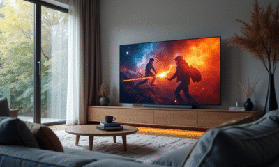 Salon moderne avec grand écran 4K lumineux