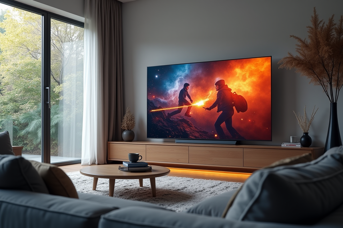 Salon moderne avec grand écran 4K lumineux