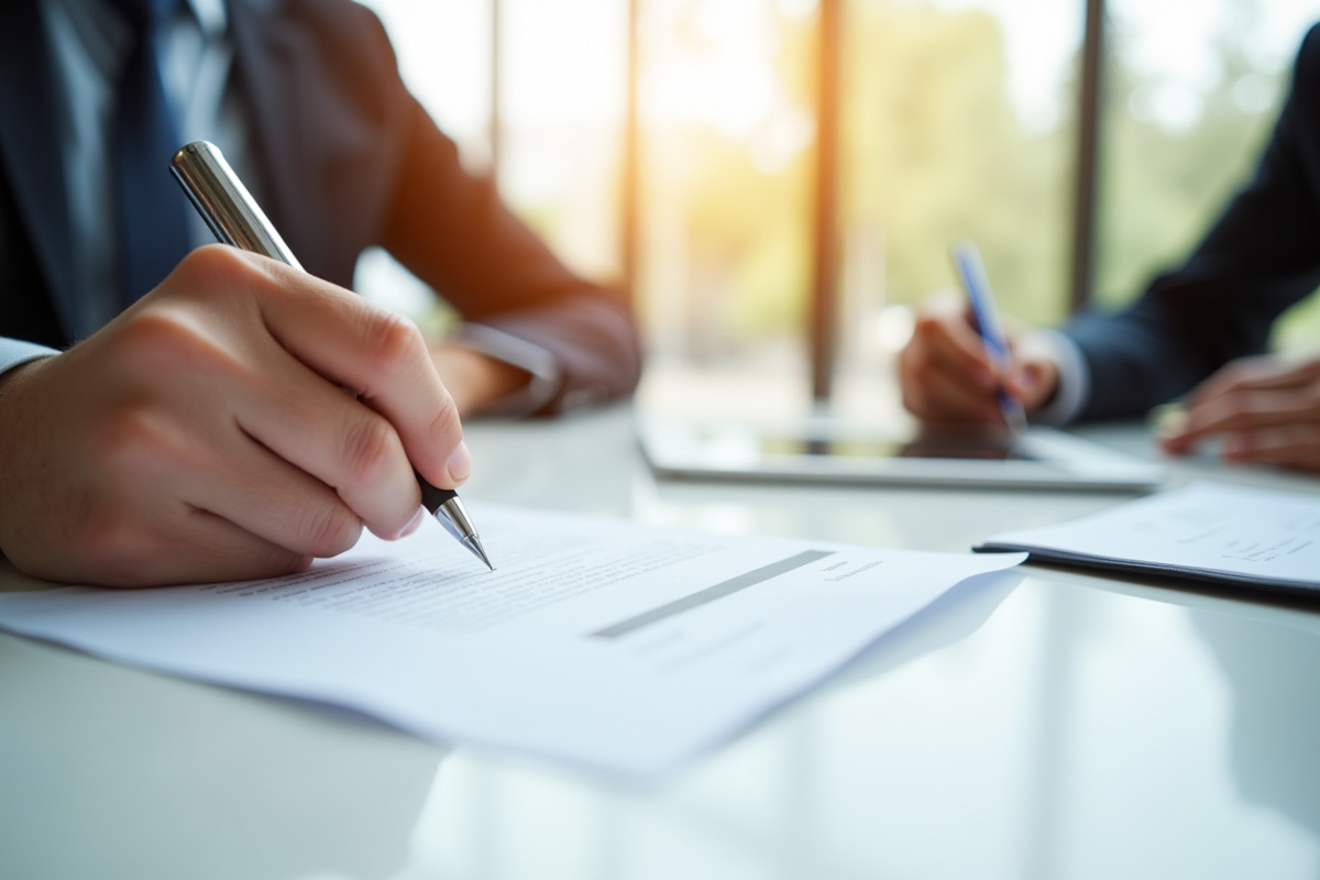Mains signant un contrat sur une table blanche avec lumière naturelle